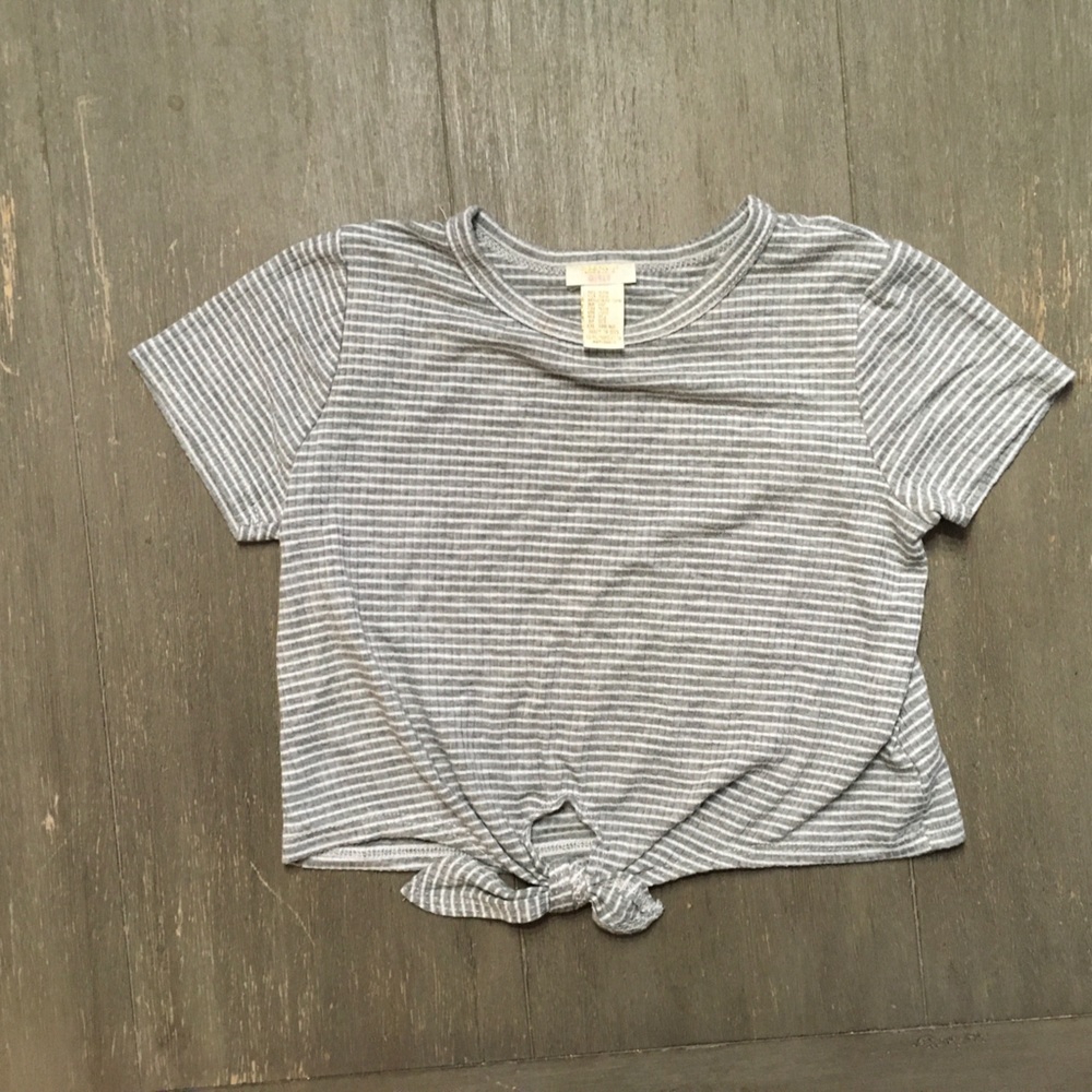 Forever 21 grey white striped crop top tied up